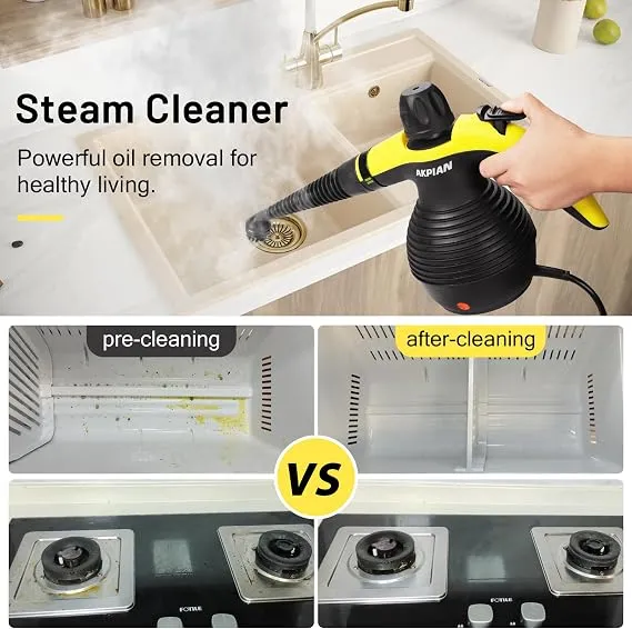 Steam cleaner removing grease from a sink, with a fridge and gas cooker before and after cleaning