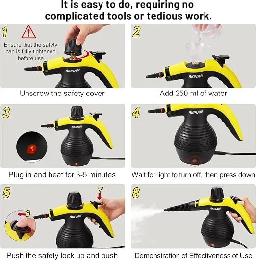 8 steps: open the safety cap, add water, plug in and heat, wait for the light, unlock and press, steam